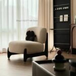 Modern Cream Lamb Wool Accent Chair – Minimalist Solid Wood Leisure Recliner for Living Room & Bedroom - Image 2